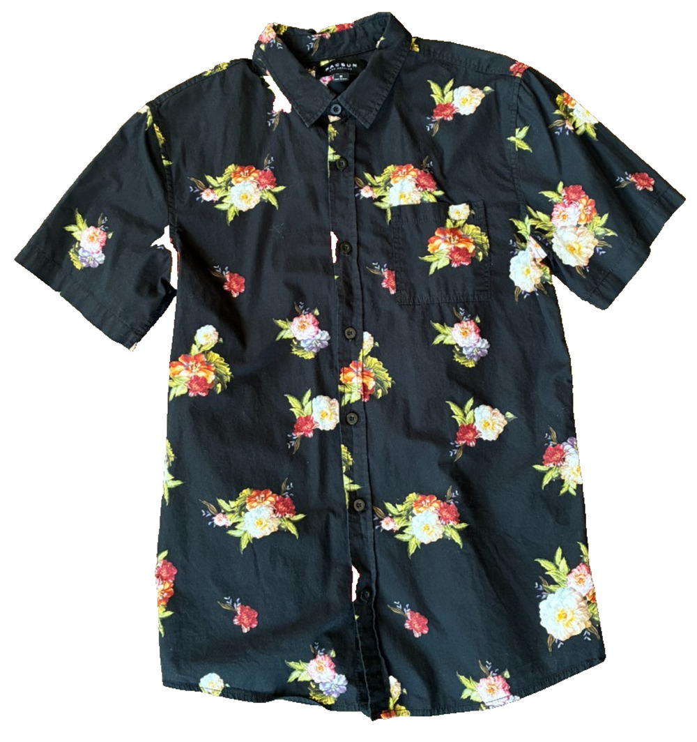 PacSun Dark Floral Button Up Shirt Black Short Sleeve Cotton Beach Vacay, Men M